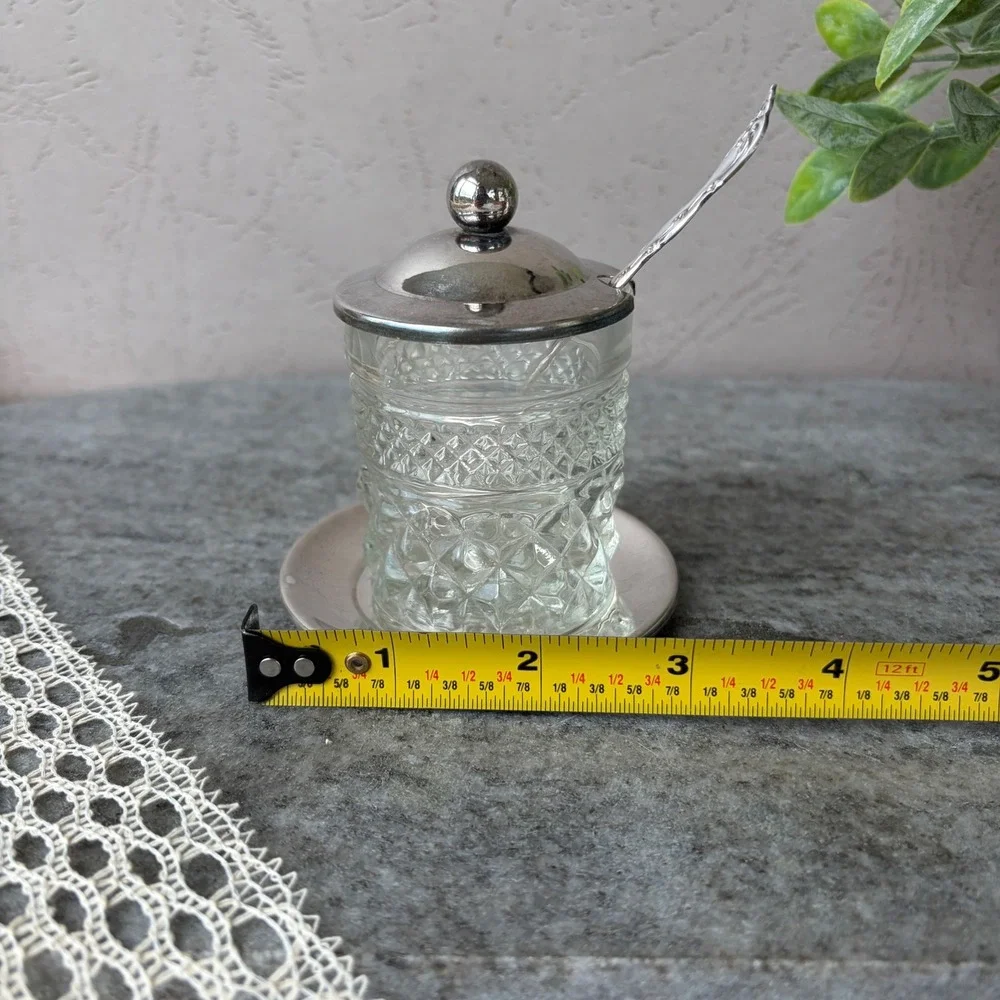 Vintage Diamond Cut Glass Jam Pot Set with Silver Tone Lid Spoon and Plate